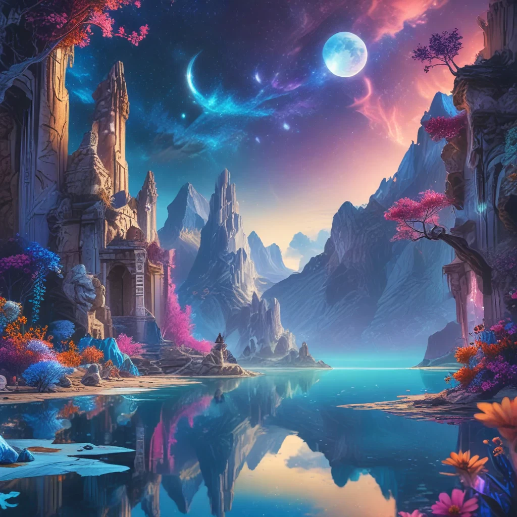 A breathtaking fantasy landscape featuring towering crystal mountains, vibrant alien flora, and a serene azure lake under a star-filled sky with two moons, detailed foreground with luminescent flowers and ancient ruins, vibrant colors, epic scale, 4K resolution