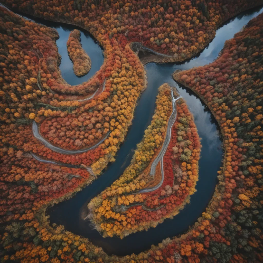 Aerial photography of a winding river through autumn forests, with vibrant red and orange foliage