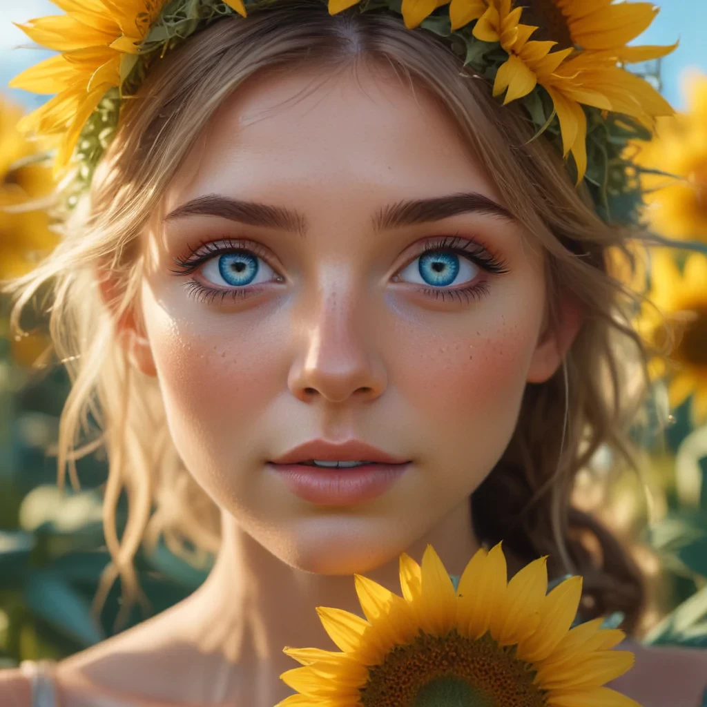 A fantasy fairy, beautiful face, symmetrical features, bright blue eyes, sunflower field, bright light, dreamy vibes, high quality, 8k