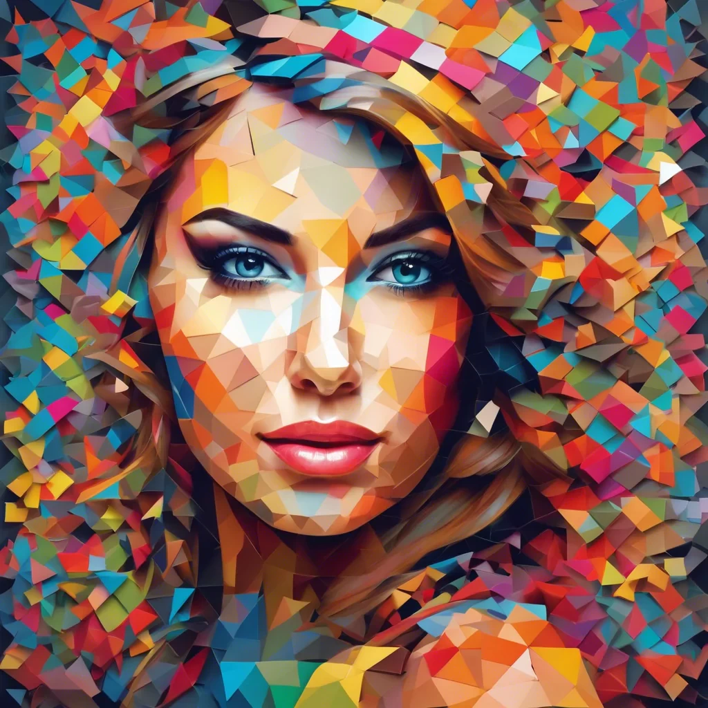 Beautiful woman portrait composed entirely of letters and numbers colorful, soft colors