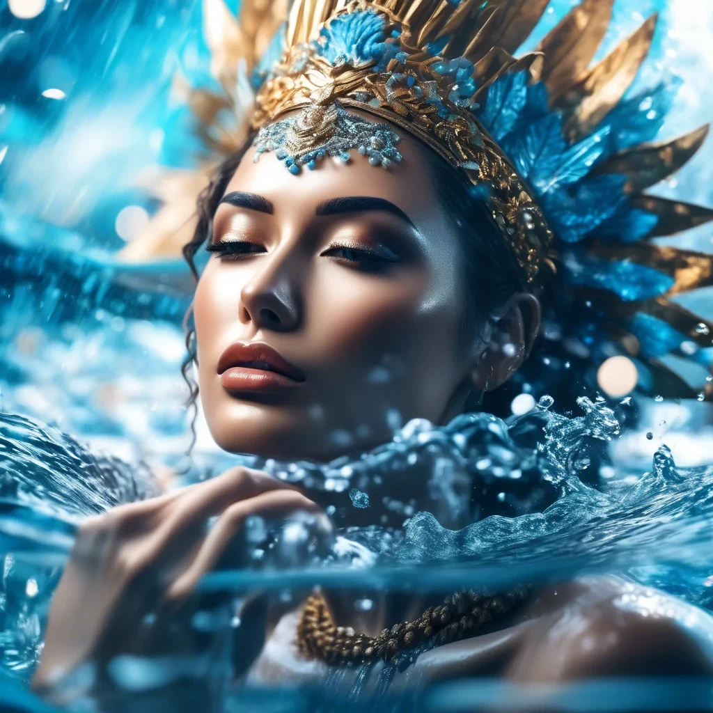 A goddess of water, hyper-realistic, intricate details, bright face, glossy lips, high quality, 8k