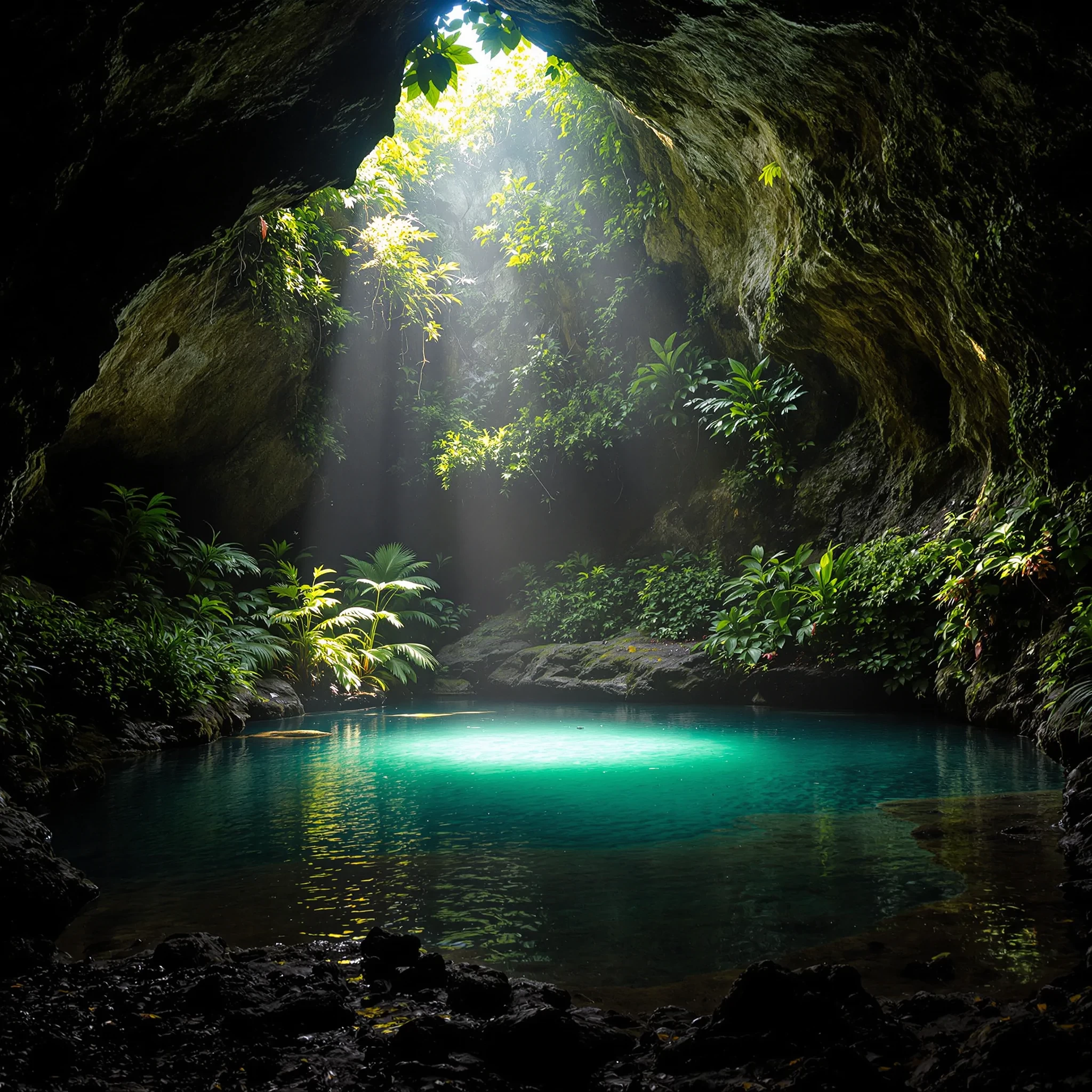 the serene interior of a cave, where a pool of water is nestled amidst an abundance of greenery. Sunlight filters through the cave opening, casting a soft glow on the surrounding foliage and the tranquil water below