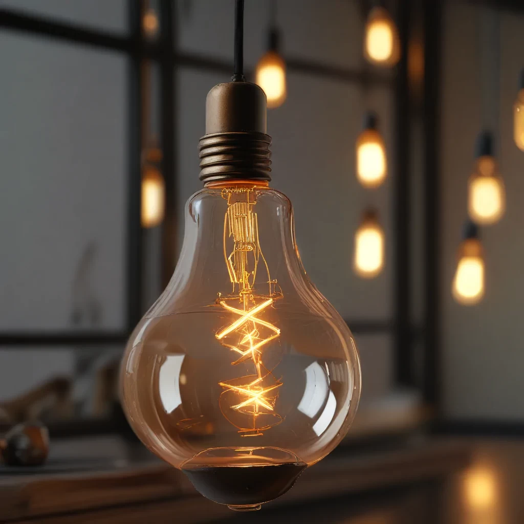A light up edison bulb, detailed bulb components, clear glass details, warm light , very realistic, very clear picture, high quality,8k
