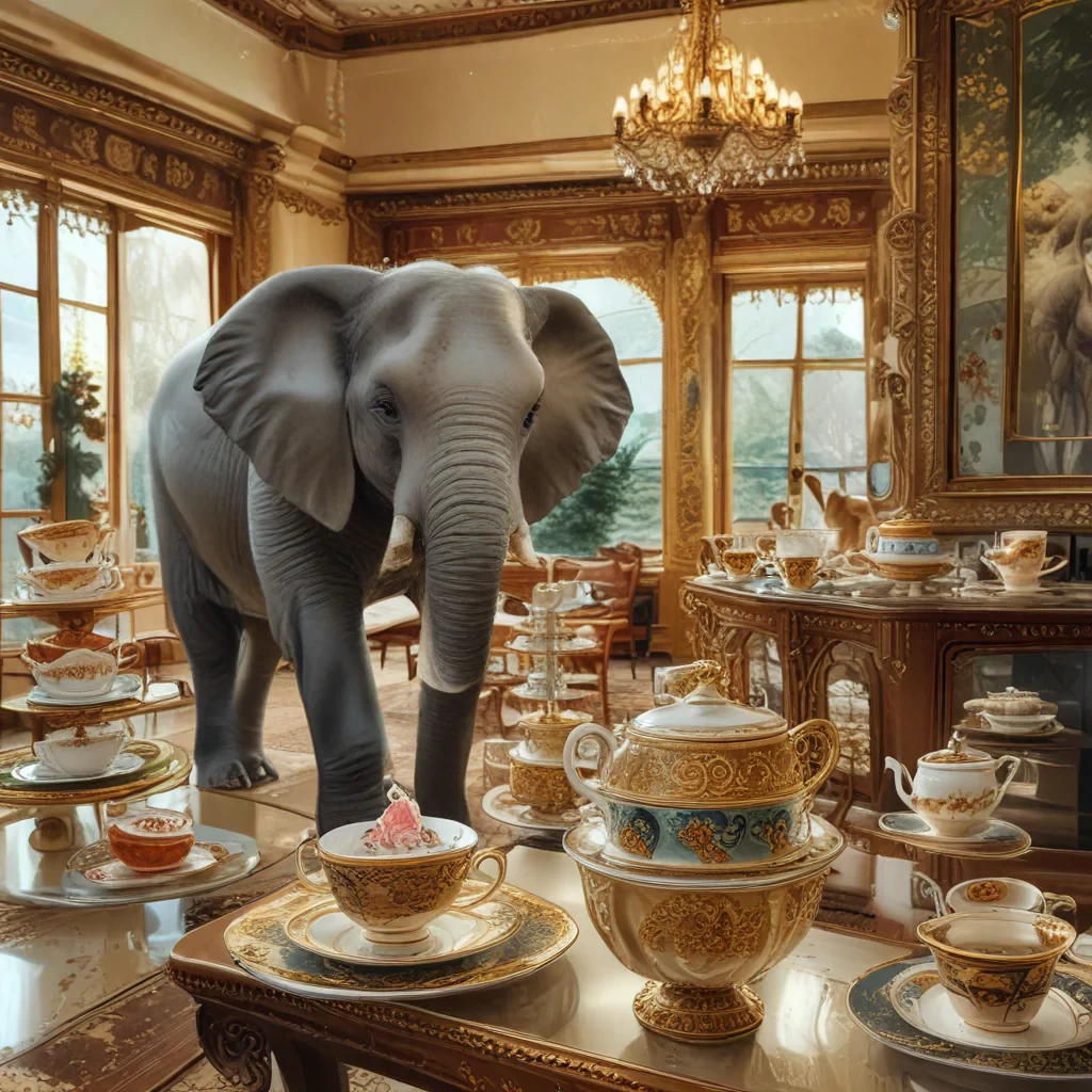 Elephant inside store, full of China and teacups, glass, luxurious painting
