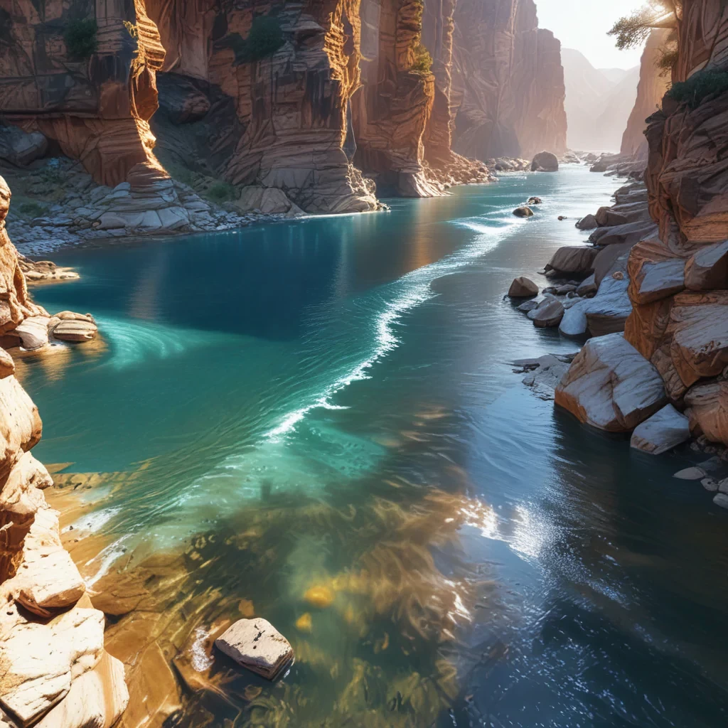 Canyon, river, sparkly water, bright, bright day light, detailed, ultra realistic, 8k, very high resolution,