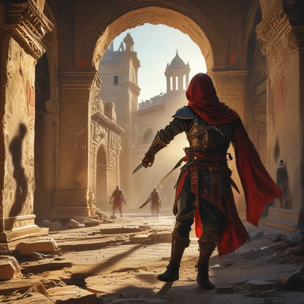 A valiant Assassin's Creed character, dressed in iconic stealth attire with a hidden blade and hood, engaged in an intense battle in ancient Spain. The scene is set amidst historic Spanish architecture with stone buildings, arches, and cobblestone streets. The character is dynamically posed in mid-action, dodging an attack while countering with a swift strike. The background showcases a dramatic sunset casting long shadows and highlighting the intricate details of the period-specific environment. Spanish soldiers in traditional armor are visible, adding to the chaos and intensity of the fight. The image is highly detailed, vibrant, and dramatic, capturing the essence of ancient Spain and the epic nature of the battle