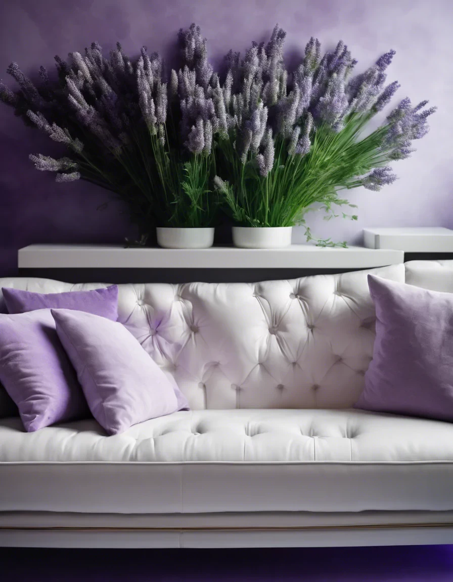 Create a shot of modern white couch i a modern place, framed with lavender and green flowers, straight angle, very realistic, highest resolution