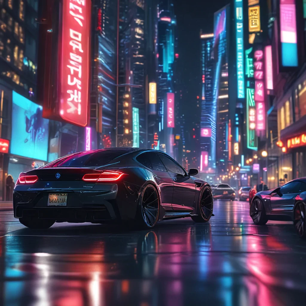 futuristic cyber city street, (Tesla model S, BMW i8), racing down the neon lit highway at night, futuristic flying cars zoom overhead, towering glass skyscrapers glowing with colorful holograms and neon signs, people in cyberpunk attire watching the race from overhead walkways, the Tesla driver smiling confidently, boosting ahead of the BMW with a flash of its thrusters, ((best quality, 4k, 8k, ultra-detailed, hyper-realistic, photo-realistic:1.37), sharp focus, bokeh, concept art, vivid colors, studio lighting, clean lines, HDR, UHD, physically-based rendering, anime)
