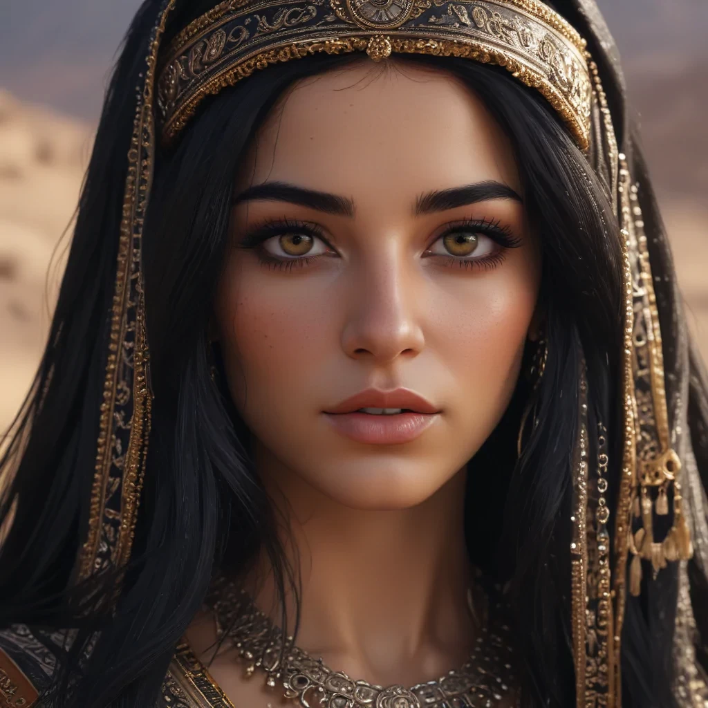 Queen of Arabia, utter beauty, long black hair, (black eyes), (ultra realistic), 8k, bright, (realistic lighting)