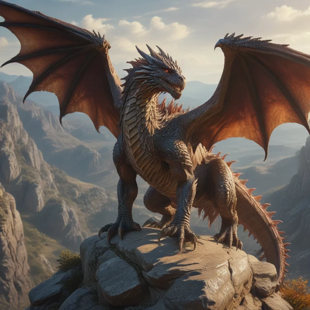 photo realistic, cinematic, game of thrones, A majestic dragon perched on a cliff, scales glistening in the sunlight, detailed wings and claws, a fiery breath, a vast mountainous landscape, vibrant colors, high detail, 4K resolution