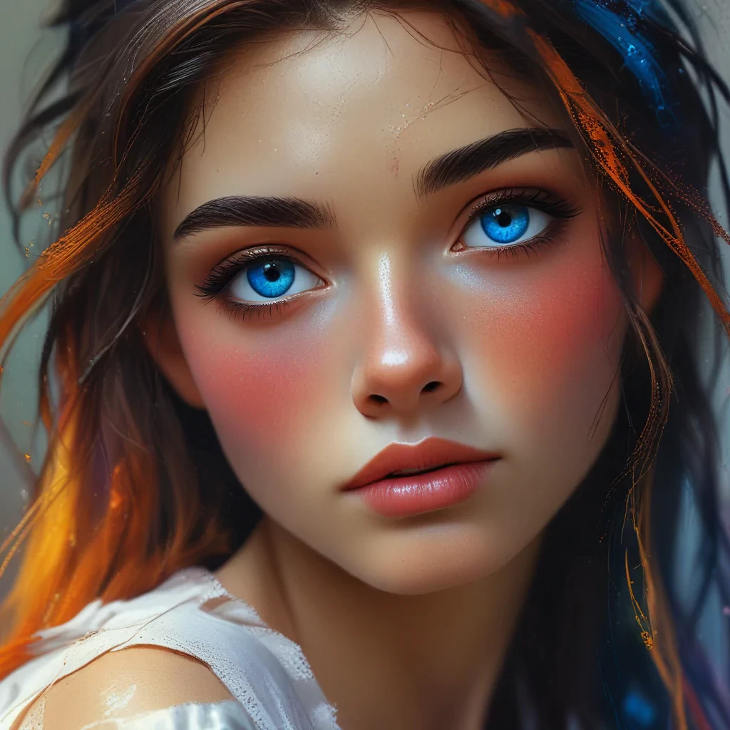 portrait of a girl, ethereal beauty, perfect eyes, makeup, goddess, vibrant colors, brush strokes, digital painting, high quality, high-resolution, high quality, highres, 32k, unforgettable