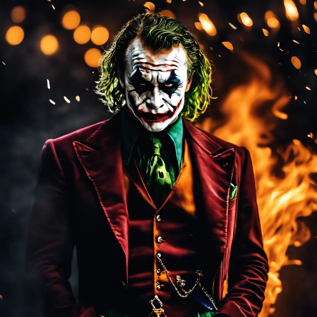 dark and gloomy, a full body photo of Heath Ledger as the joker, the flames behind him , lifelike texture, dynamic composition, Fujifilm XT2, 85mm F1.2, 1/80 shutter speed, (bokeh), high contrast, cinematic, movie still, 8K