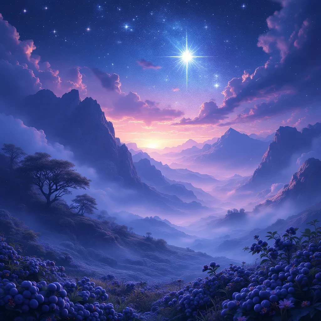 a beautiful mystical landscape photo with the text 'AstraVision.AI', subtle beauty, incorporate blueberries