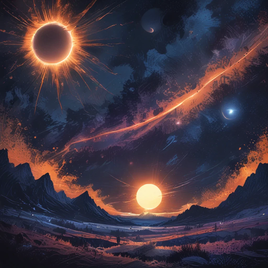 Landscape, night, solar eclipse, disappearance, special aura, detailed, chaotic drawing style