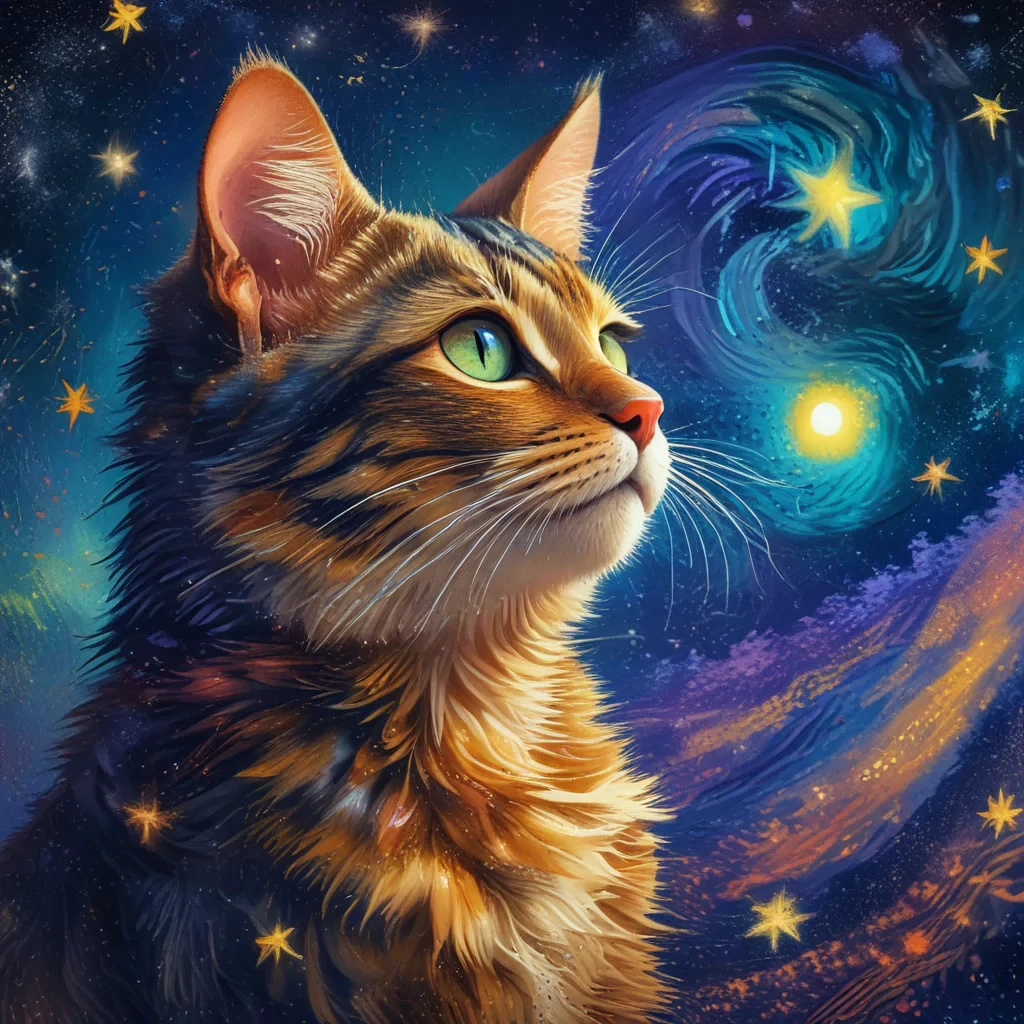 Generate an awe-inspiring and surreal digital painting of a mystical cat adorned with intricate patterns, floating amidst a swirling vortex of vibrant colors and shimmering stars. Capture the essence of Van Gogh's "Starry Night," with bold brushstrokes and a dreamy, otherworldly atmosphere.