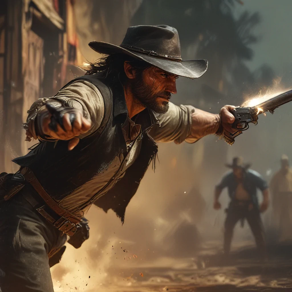 Intricate dynamic action shot of cowboy in a shootout, cinematic Steve Henderson Fabian Perez Henry Asencio Jeremy Mann Marc Simonetti Fantasy, red dead redemption 2 atmosphere, cinematic, #photograph