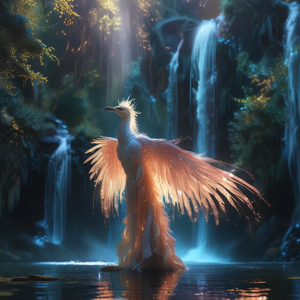 "Cinematic still, filmed by Alfonso Cuar\u00f3n, wide-shot, a creature adorned with luminescent feathers that cascade like a vibrant waterfall, their iridescent glow casting an enchanting shimmer upon the surroundings, mythical creature had stepped into our world, exuding an aura of otherworldly beauty and intrigue