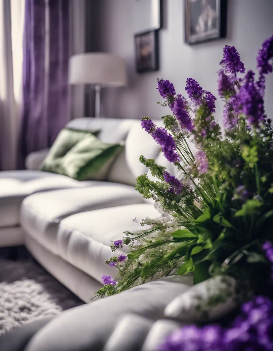 Create a shot of modern white couch i a modern place, framed with violet and green flowers, straight angle, very realistic, highest resolution