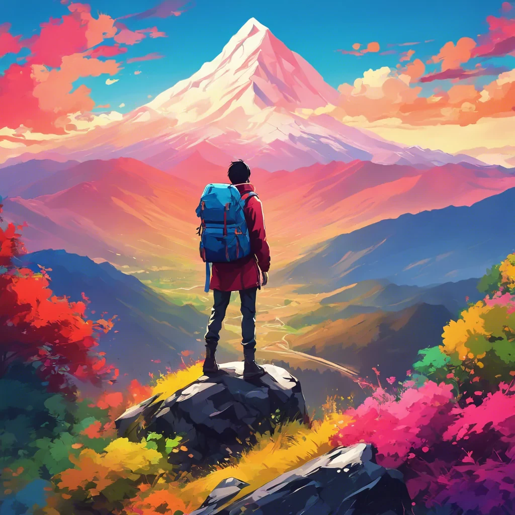 person with backpack standing on top of mountain, in the style of vibrant palette, anime art, 32k uhd, painted illustrations, high resolution