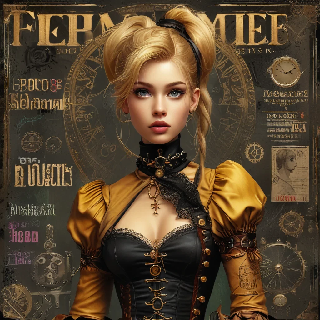 (Best Quality, Masterpiece), (steampunk theme), centered, front cover of fashion magazine, concept art, design, magazine design, 1girl, cute, blonde ponytail hair, gothic steampunk dress, model pose, (epic composition, epic proportion), vibrant color, text, diagrams, advertisements, magazine title, typography,