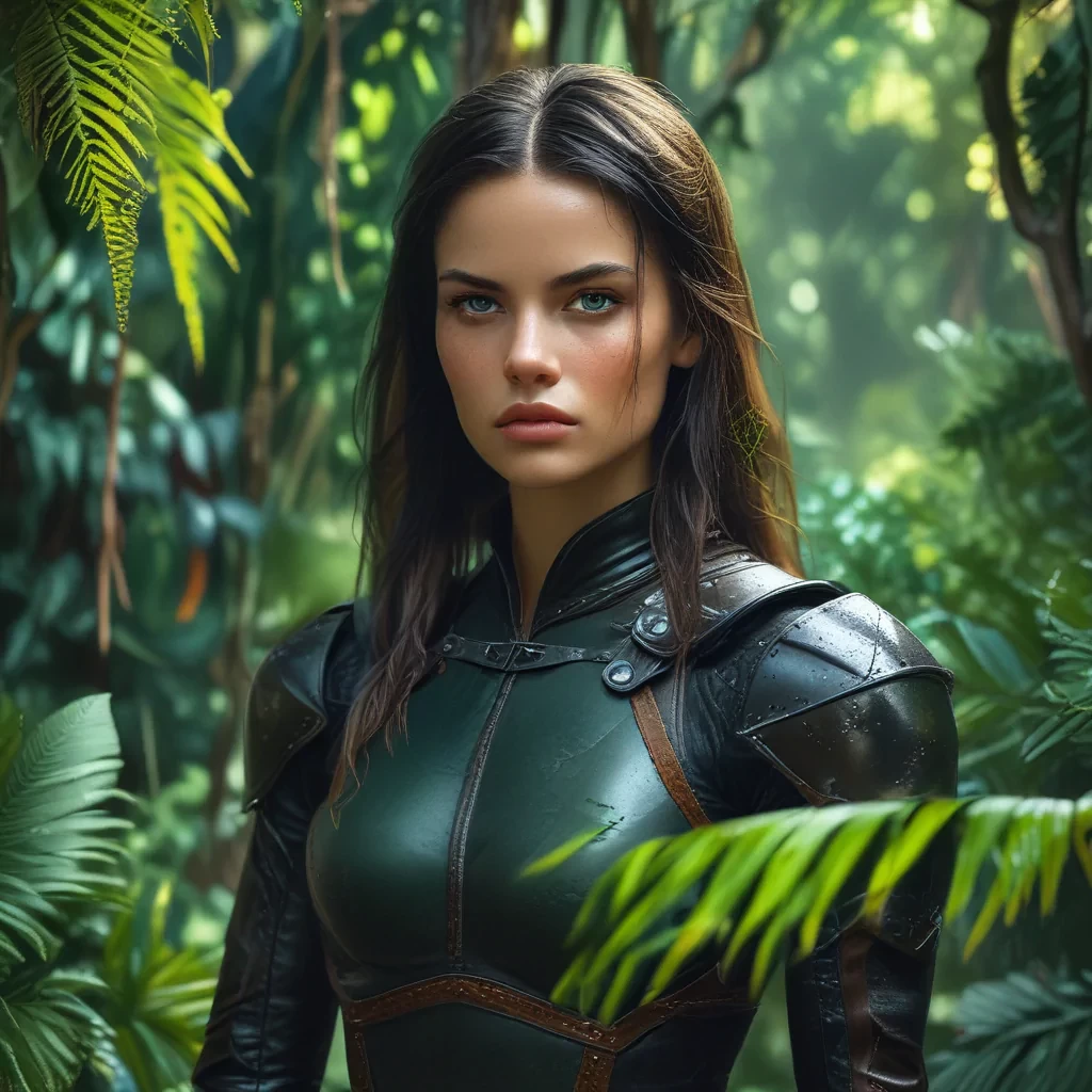 A realistically drawn (((female warrior))) standing confidently in a lush, tropical wilderness, dressed in sleek, functional leather armor, her face set in resolve, amidst a vibrant jungle backdrop