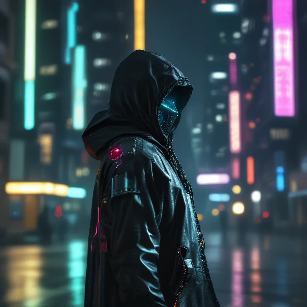 cinematic still, medium shot on ARRI Alexa 35, a lone hooded figure using chaos magic, low-key color grading, hyper-realistic pop, cyberpunk, Chicago 2087