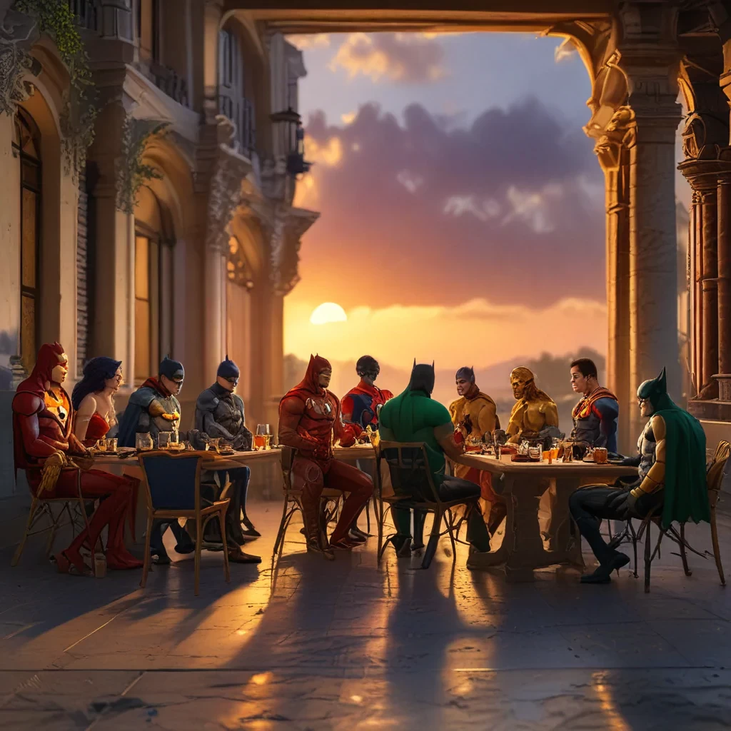 Generate a high-definition scene of DC superheroes enjoying dinner on a terrace. Each character should have a perfect, detailed face, wearing their iconic costumes with vibrant, perfectly matched colors. The setting should feature perfect lighting that enhances the mood, showing a balance of soft sunset light with subtle shadows. Include a picturesque terrace background that compliments the heroic atmosphere of the gathering