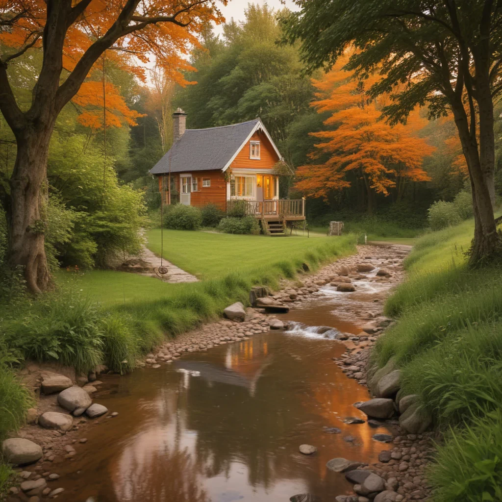 A cottage, next to a stream, cozy, warm colours, green trees, ( swing ), cloudy orange skies