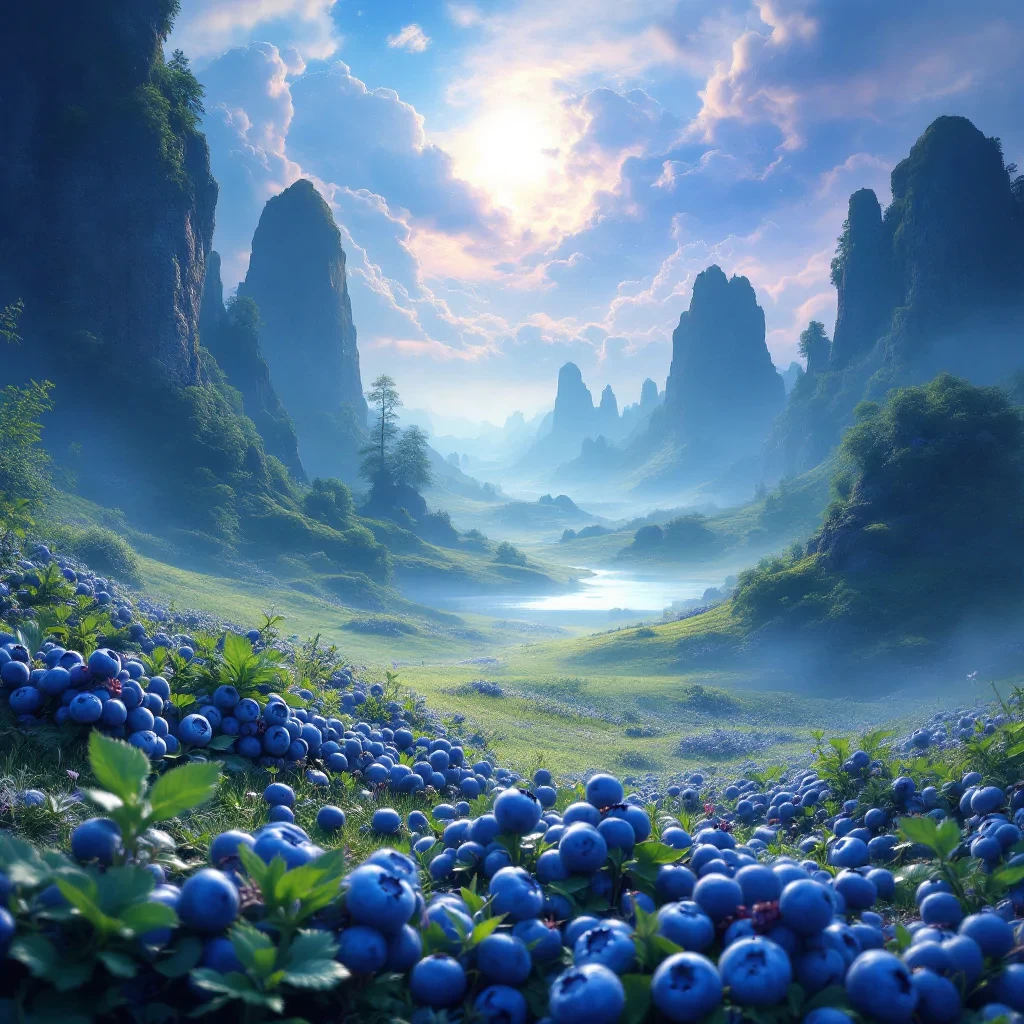 a beautiful mystical landscape photo with the text "AstraVision", subtle beauty, must say "Hello", incorporate blueberries