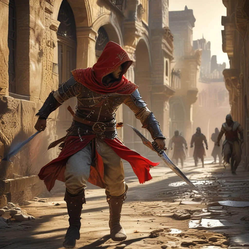 A valiant Assassin's Creed character, dressed in iconic stealth attire with a hidden blade and hood, engaged in an intense battle in ancient Spain. The scene is set amidst historic Spanish architecture with stone buildings, arches, and cobblestone streets. The character is dynamically posed in mid-action, dodging an attack while countering with a swift strike. The background showcases a dramatic sunset casting long shadows and highlighting the intricate details of the period-specific environment. Spanish soldiers in traditional armor are visible, adding to the chaos and intensity of the fight. The image is highly detailed, vibrant, and dramatic, capturing the essence of ancient Spain and the epic nature of the battle