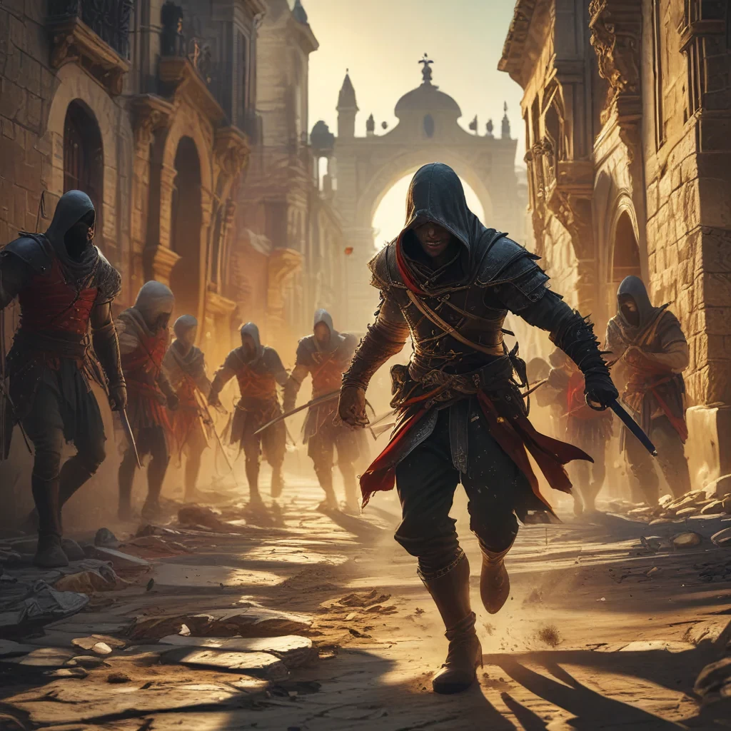 A valiant Assassin's Creed character, dressed in iconic stealth attire with a hidden blade and hood, engaged in an intense battle in ancient Spain. The scene is set amidst historic Spanish architecture with stone buildings, arches, and cobblestone streets. The character is dynamically posed in mid-action, dodging an attack while countering with a swift strike. The background showcases a dramatic sunset casting long shadows and highlighting the intricate details of the period-specific environment. Spanish soldiers in traditional armor are visible, adding to the chaos and intensity of the fight. The image is highly detailed, vibrant, and dramatic, capturing the essence of ancient Spain and the epic nature of the battle