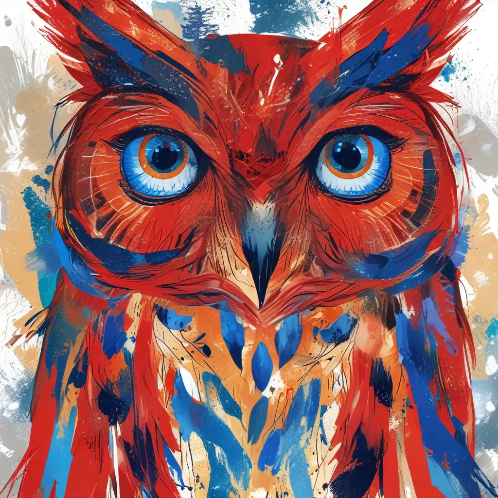 An illustration of a red owl with bright blue eyes in the style of abstract expressionism