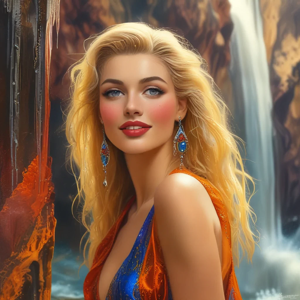 A vibrant, glamorous painting of a beautiful woman with long blonde hair, elegantly posed under a waterfall in the Nevada desert. The scene is characterized by rich, vivid colors and a polished, idealized style. The woman's radiant smile and confident pose, along with the dynamic flow of the waterfall, embody the classic allure of Rolf Armstrong's pin-up art