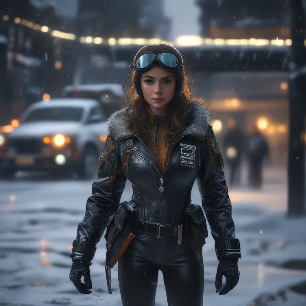 Brunette pilot girl in a snowstorm, full body, moody lighting, intricate details, depth of field, outdoors, Fujifilm XT3, RAW, 8K UHD, film grain, Unreal Engine 5, ray tracing