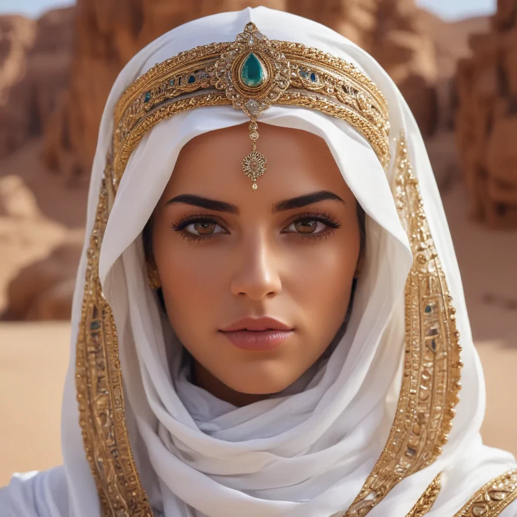 Queen of Arabia, extremely pretty face, sharp features, symmetrical, desert, beautiful, 8k
