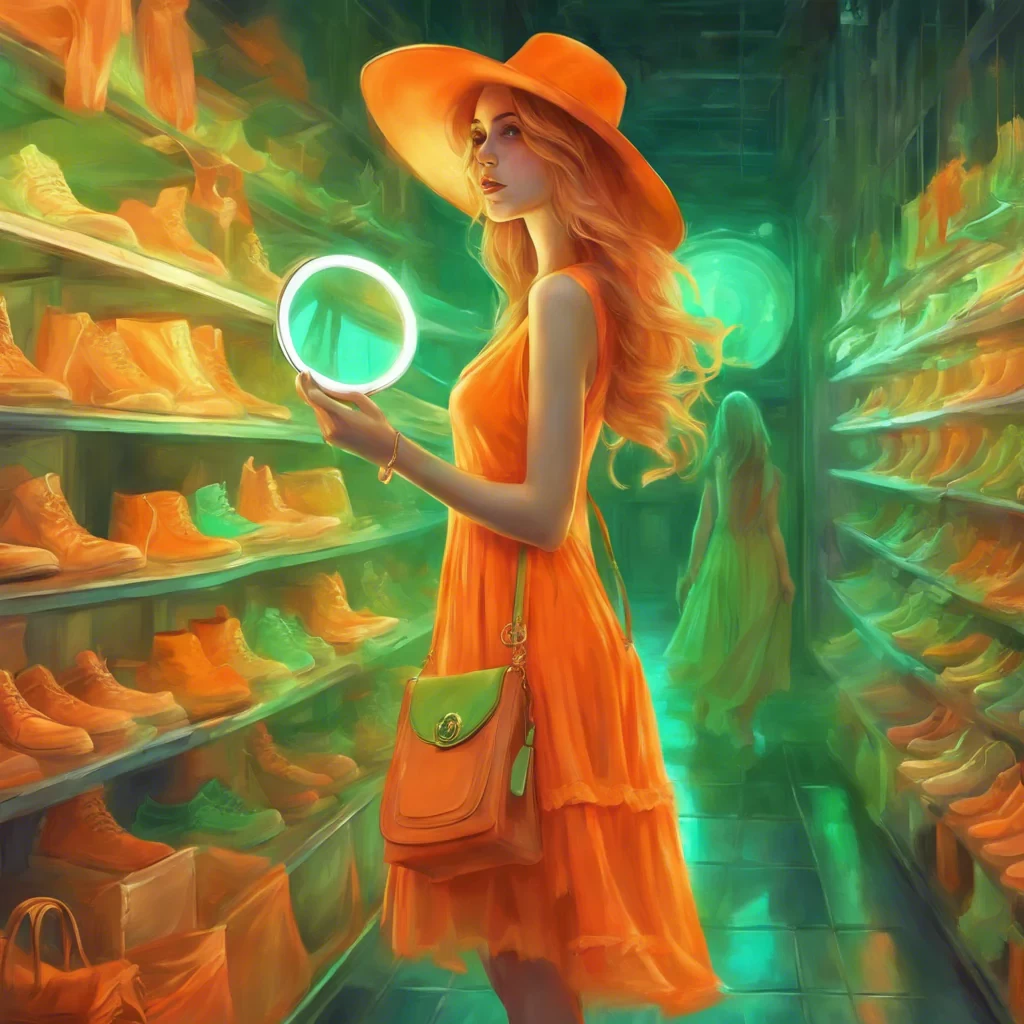The beautiful young woman, orange midi dress and and orange hat , fluorescent green shoes and bag, is shopping and looks in her magnifying mirror