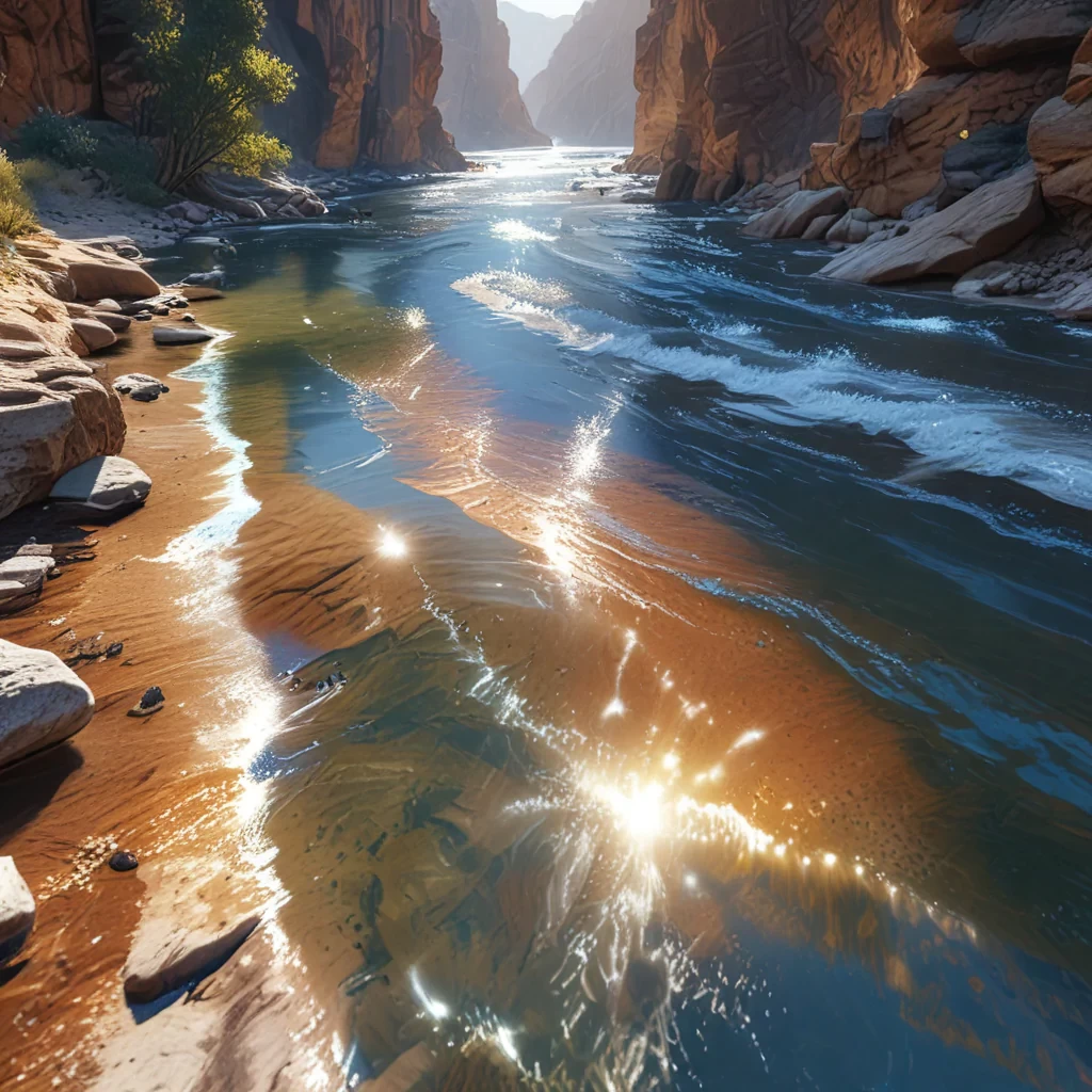 Canyon, river, sparkly water, bright, bright day light, detailed, ultra realistic, 8k, very high resolution,
