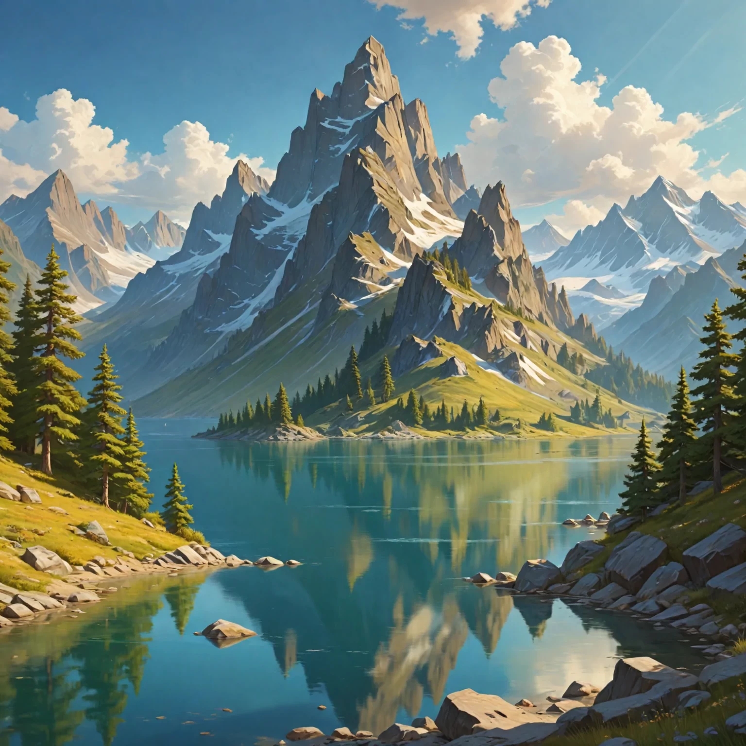 BEAUTIFUL MOUNTAIN AND LAKE IN A SUNNY DAY