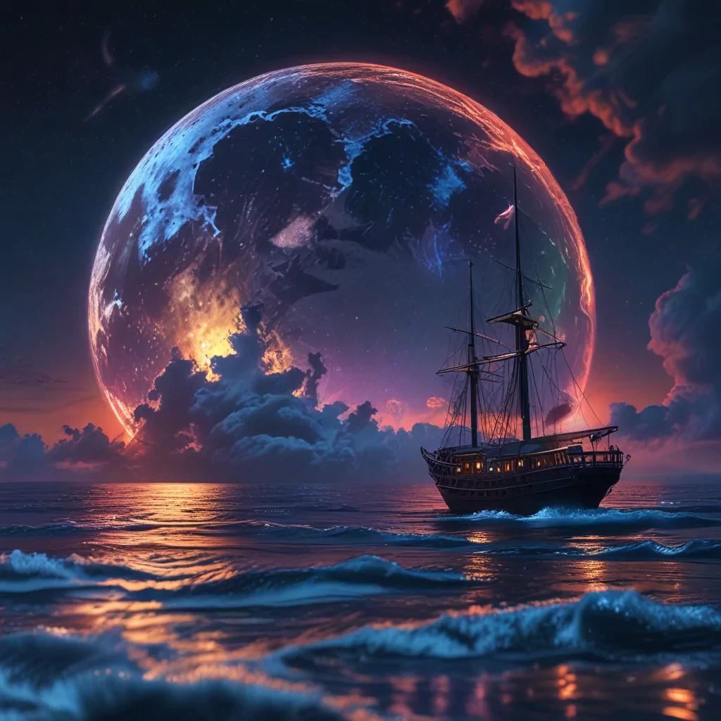 neon light art, in the dark of night,  moonlit seas, clouds, moon, stars, colorful, detailed, 4k, ultra hd, realistic, vivid colors, highly detailed, UHD drawing, pen and ink, perfect composition, beautiful detailed intricate insanely detailed octane render trending on artstation, 8k artistic photography, photorealistic concept art, soft natural volumetric cinematic perfect light