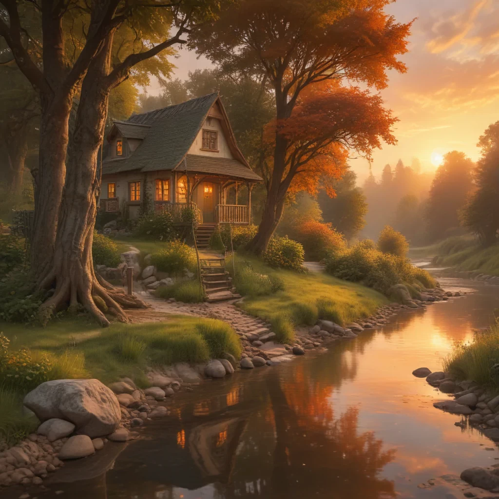 A cottage, next to a stream, cozy, warm colours, green trees, ( swing ), cloudy orange skies, fantasy art style, warm colour palette, sunset time