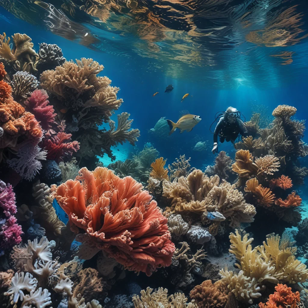 Underwater photography of a coral reef, with diverse marine life and a scuba diver for scale