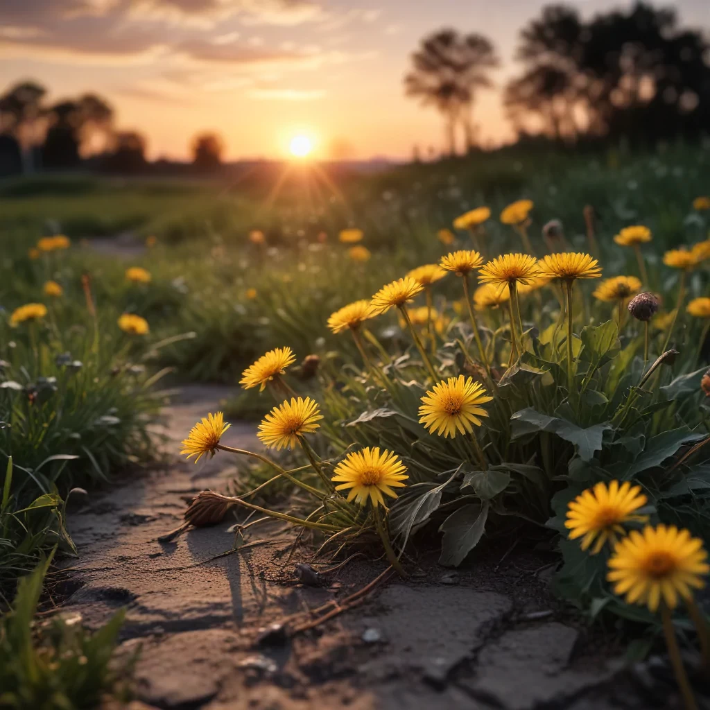 "dandelions and a glorious sunset, by photographer Lee Jeffries nikon d850 film stock photograph 4 kodak portra 400 camera f1.6 lens rich colors hyper realistic lifelike texture dramatic lighting unrealengine trending on artstation cinestill 800