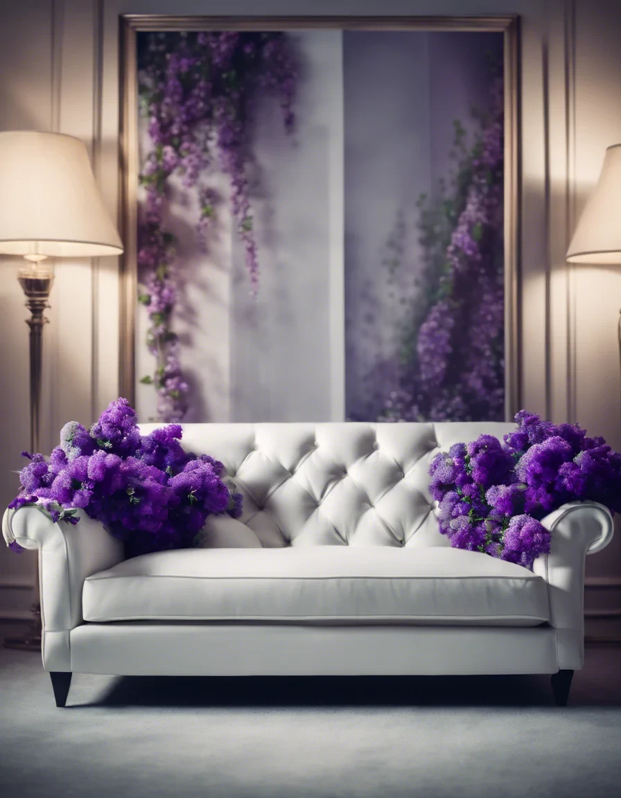 Create a shot of modern white couch i a modern place, framed with purple and green flowers, very realistic, highest resolution