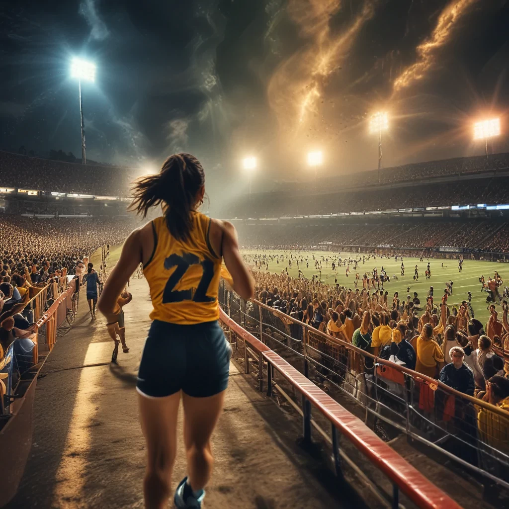 Generate an image capturing the atmosphere of a sporting event in a crowded stadium. Showcase the energy, excitement, and competition as athletes engage in their respective sports. The scene is alive with action, capturing the essence of a thrilling sporting event