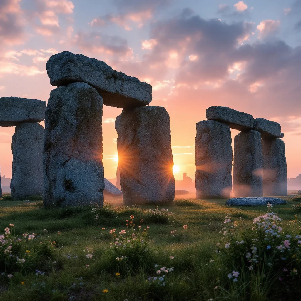 Create a breathtaking scene of Stonehenge at dawn, with soft, golden light illuminating the ancient stone circle. The massive sarsen stones, weathered and gray, stand in stark contrast against the vibrant hues of the early morning sky, transitioning from deep indigo to warm oranges and pinks. The texture of the stones, rough and pitted, tells a story of millennia, while the smaller bluestones, with their bluish tint, add a unique layer of depth. Surrounding the monument, lush green grass and wildflowers sway gently in the morning breeze, enhancing the serene atmosphere. Wisps of mist linger close to the ground, creating an ethereal quality. Capture this scene in a panoramic format, emphasizing the scale and grandeur of Stonehenge, while incorporating a soft focus to evoke a sense of mystery and reverence for this UNESCO World Heritage site, rich in cultural and historical significance.