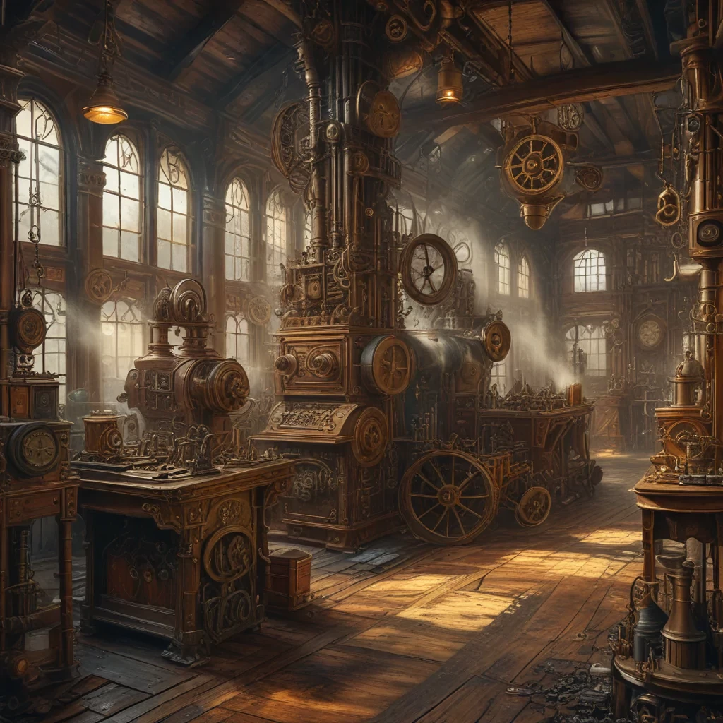 Steampunk digital art of an inventor’s workshop, with intricate machines, gears, and steam engines