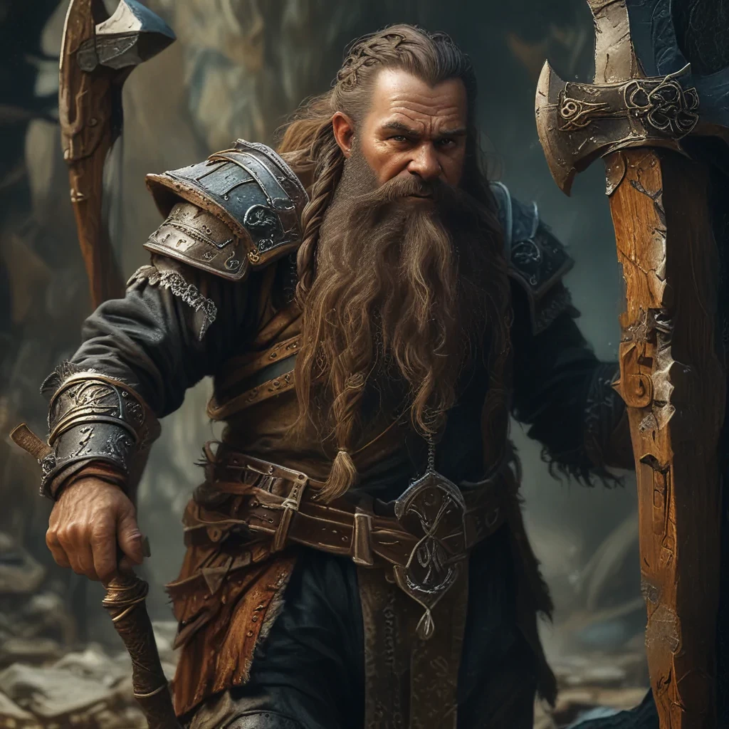Create a portrait of a grim dwarf warrior with a long-braided beard, iron armor, and a mighty axe. Depict them in a Tolkien-esque fantasy world.