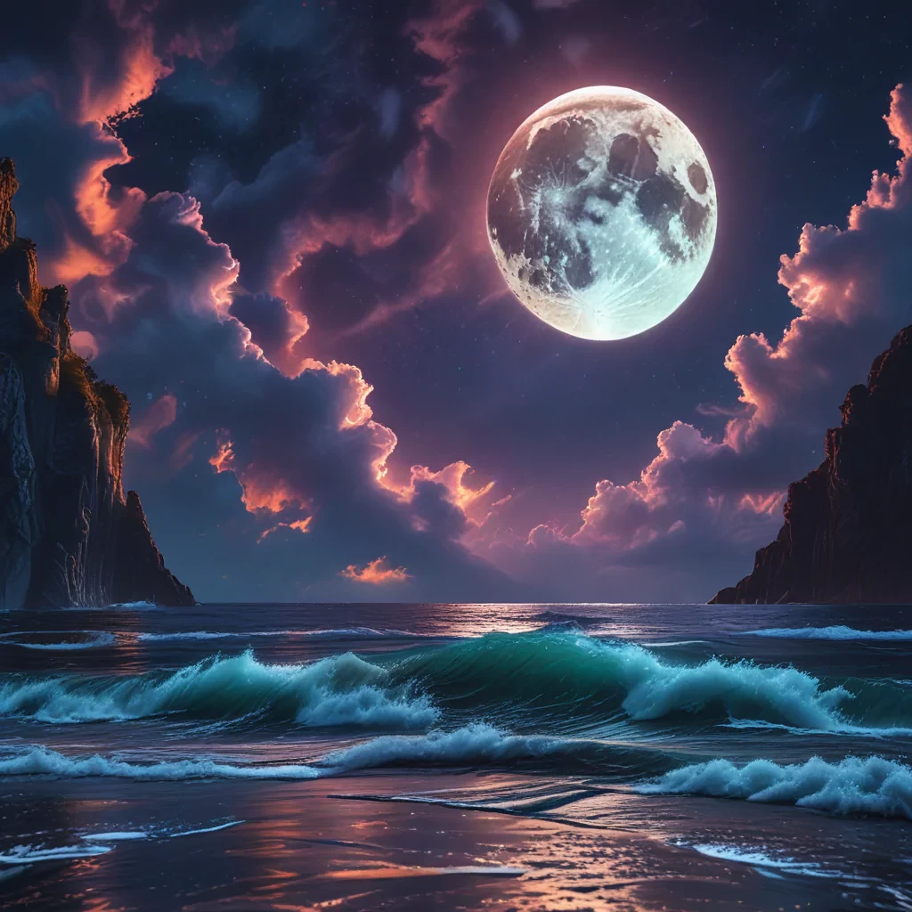 neon light art, in the dark of night,  moonlit seas, clouds, moon, stars, colorful, detailed, 4k, ultra hd, realistic, vivid colors, highly detailed, UHD drawing, pen and ink, perfect composition, beautiful detailed intricate insanely detailed octane render trending on artstation, 8k artistic photography, photorealistic concept art, soft natural volumetric cinematic perfect light