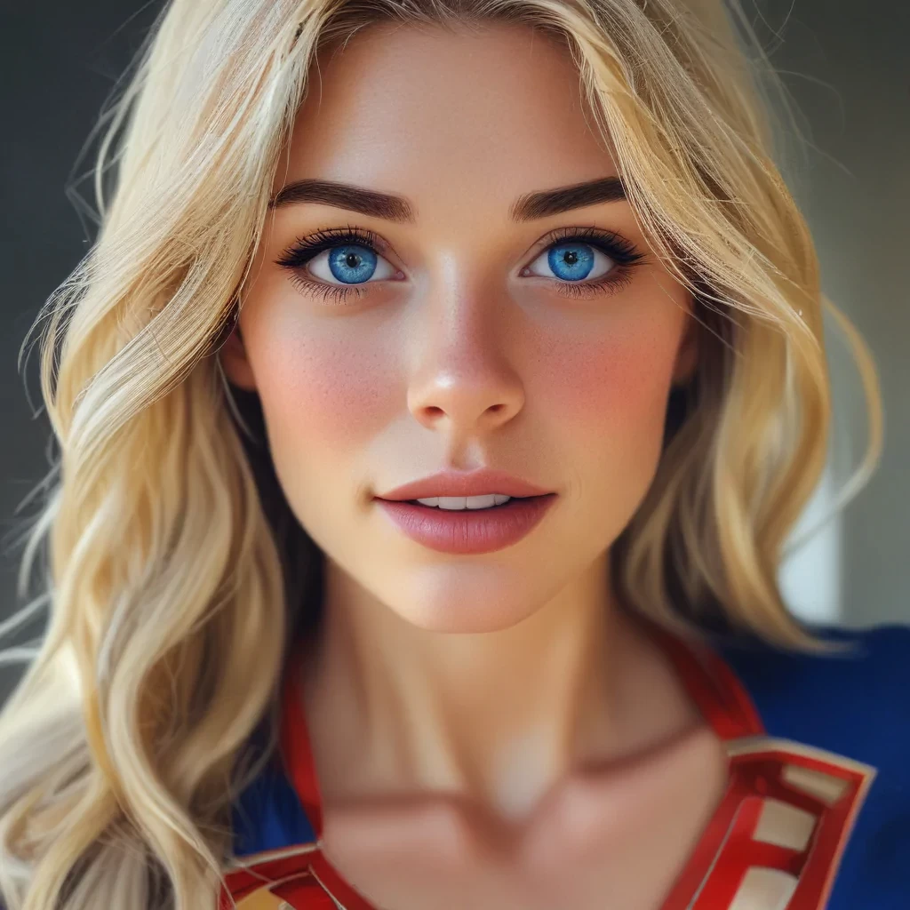 instagram photo of blond superwoman, pretty face, blue eyes, 4K