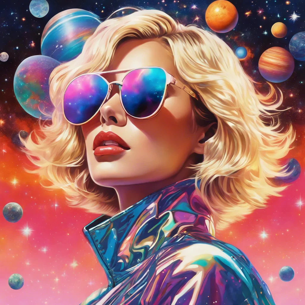 90s anime illustration of a blonde, wearing kaleidoscopic sunglasses which reflect a vast space galaxy full of stars and planets in it's lenses, whute bob haircut, far-out aesthetic, superrealism aesthetic, symmetrical composition by hajime Sorayama, colour scheme by lisa frank